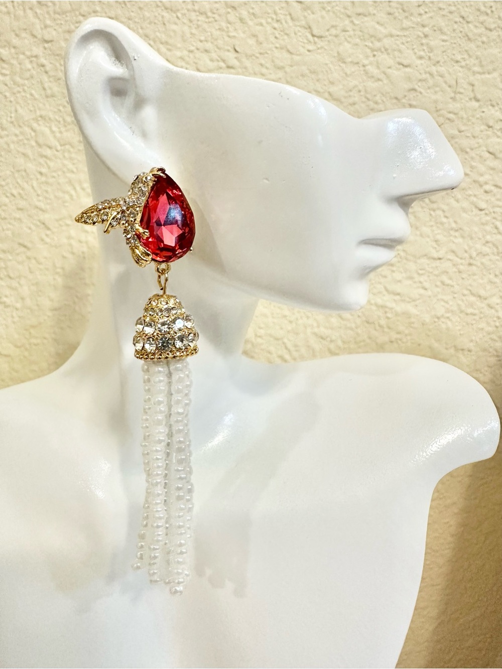 14k Gold Plated Pink Crystal & White Glass Bead Tassels w/CZ Accents